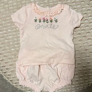 Pink Baby Outfit with Floral Hand Stitching “Annie”